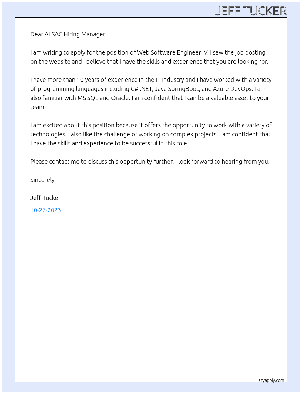 Web Software Engineer IV  At ALSAC Cover Letter