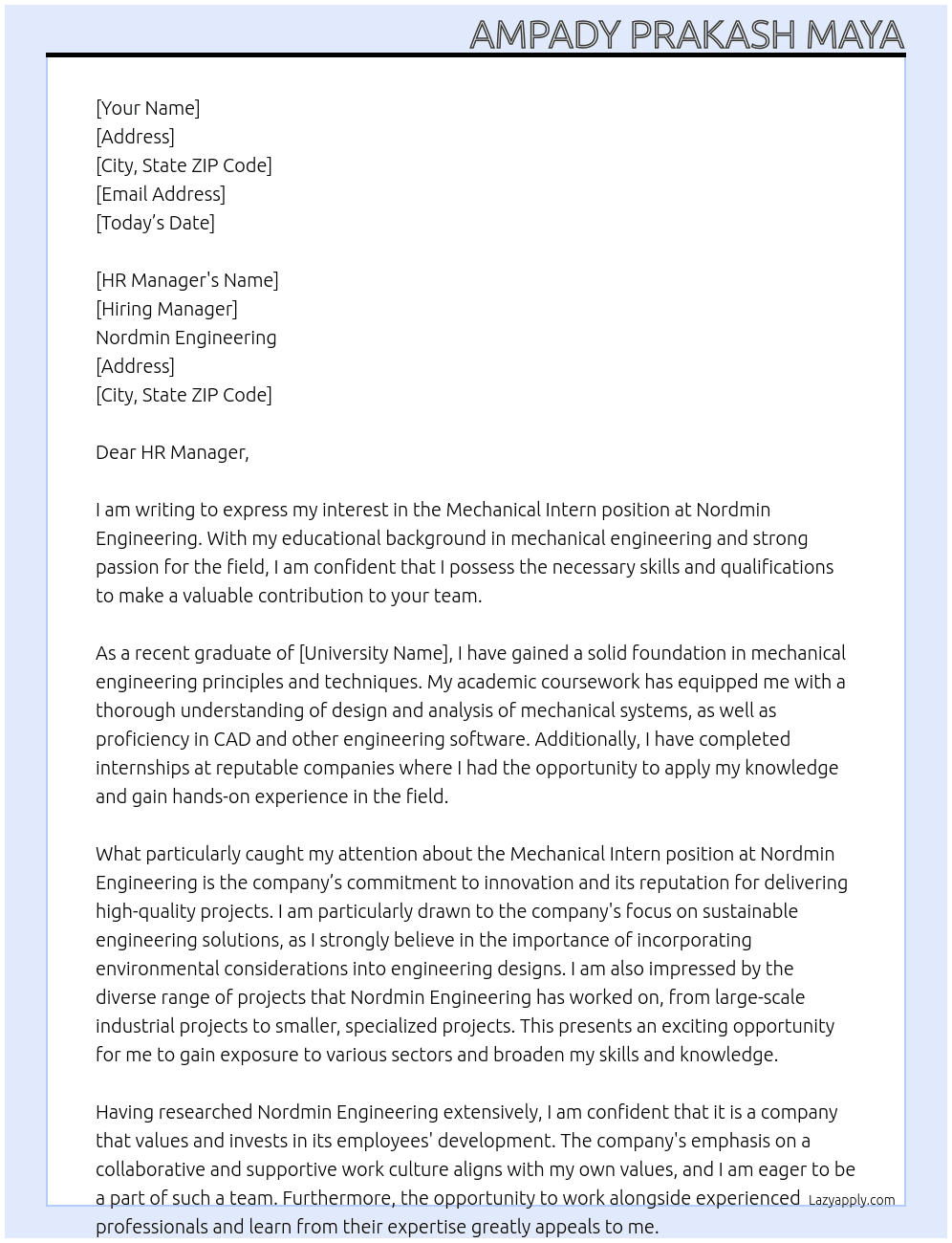 Mechanical Intern At Nordmin Engineering Cover Letter