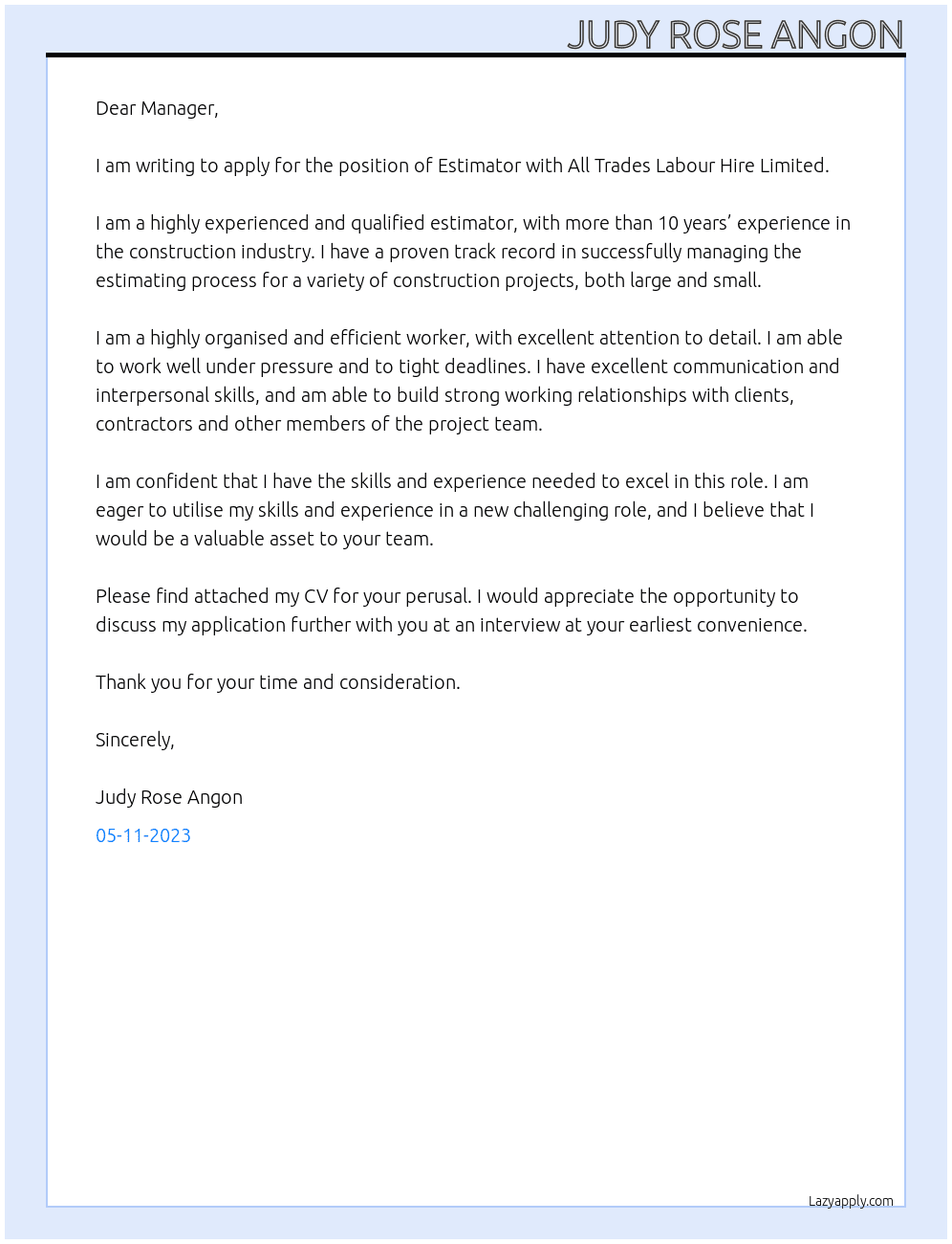 estimator At all trades labour hire limited Cover Letter