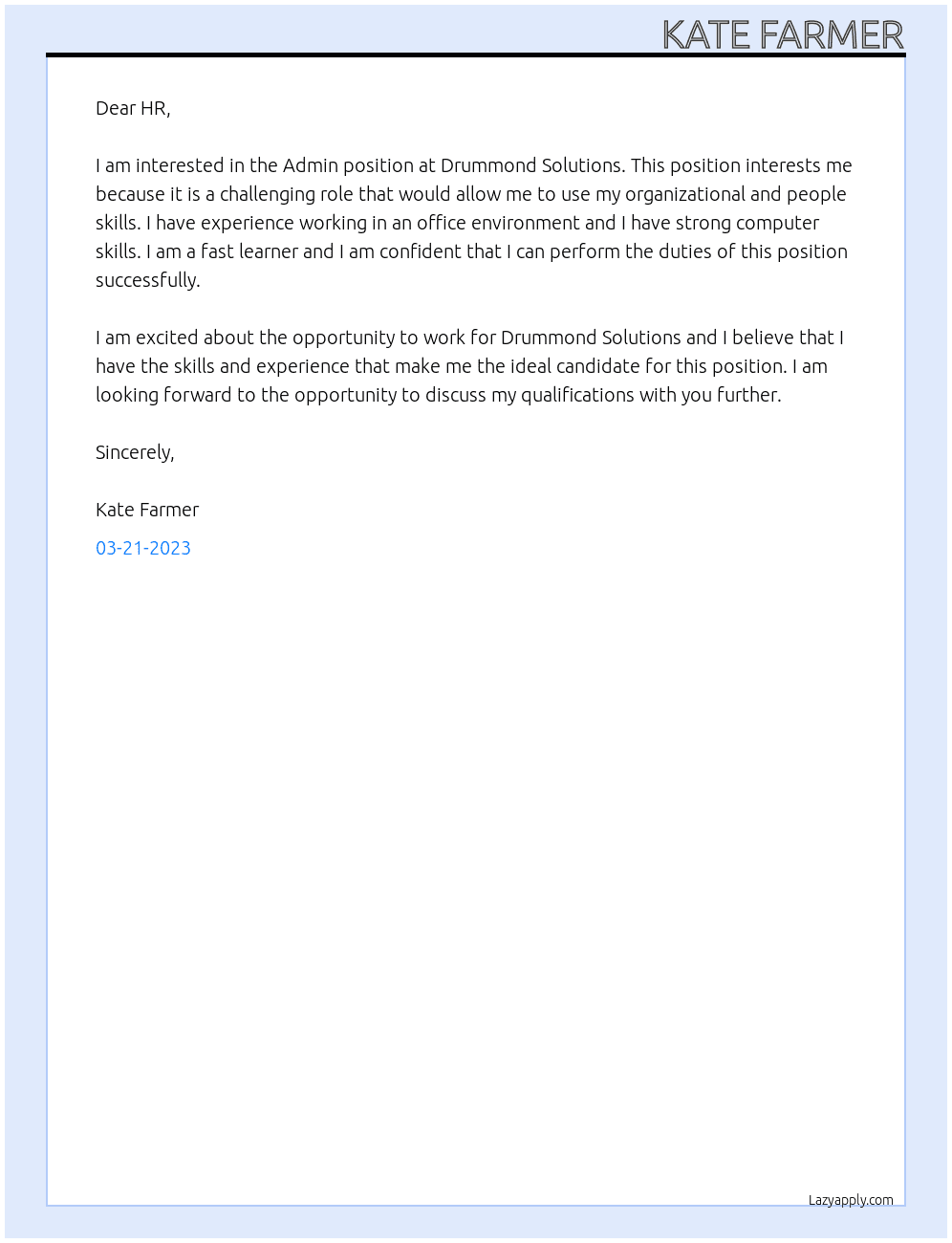 Admin At Drummond Solutions Cover Letter