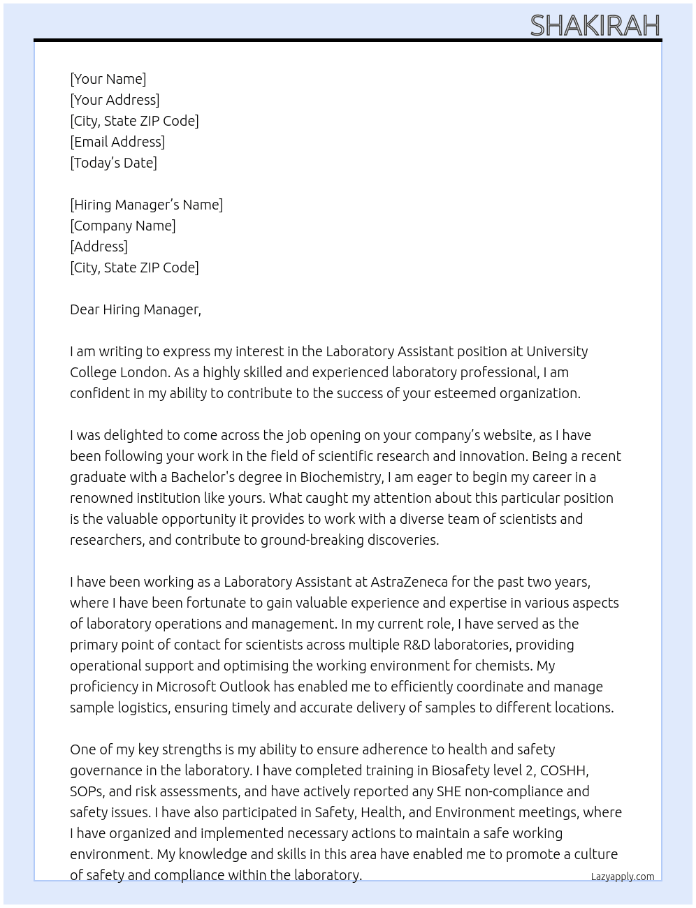 Laboratory Assistant At University College London Cover Letter