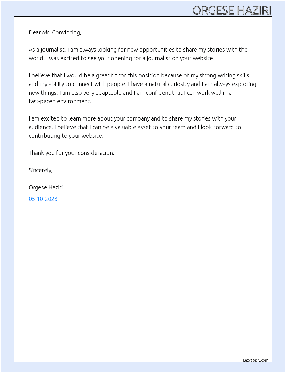 journalist At website Cover Letter