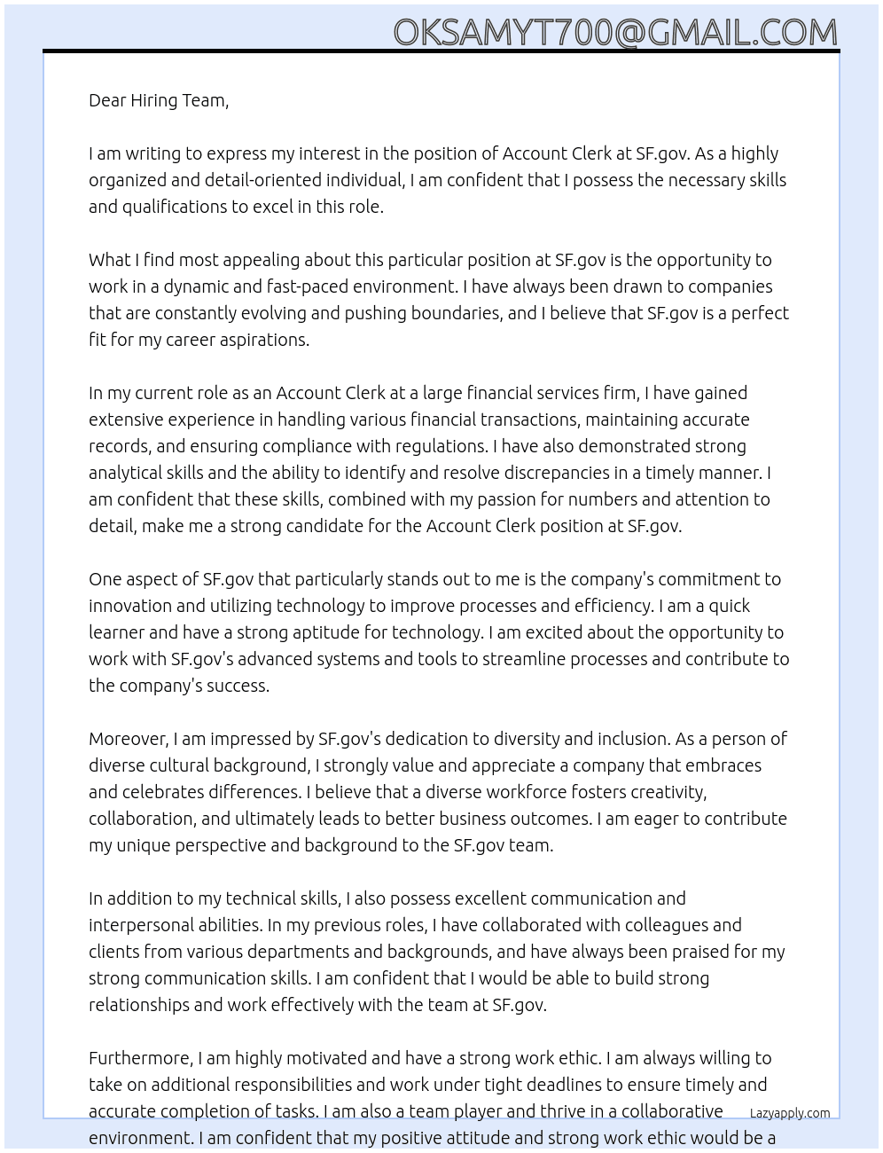 account clerk At SF.gov Cover Letter