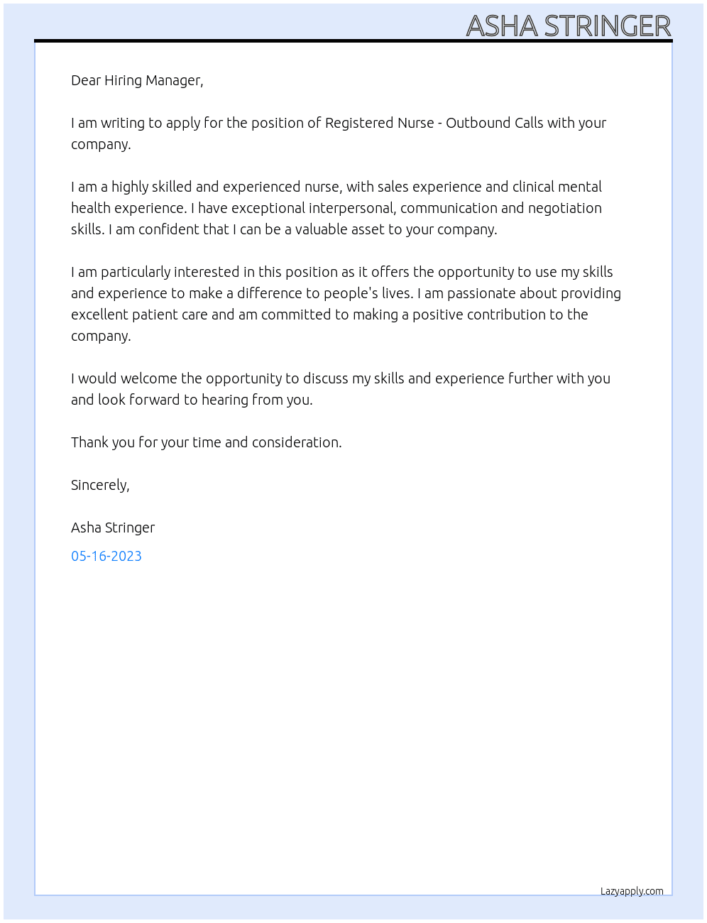 Regisitered Nurse - Outbound calls At Unsure Cover Letter