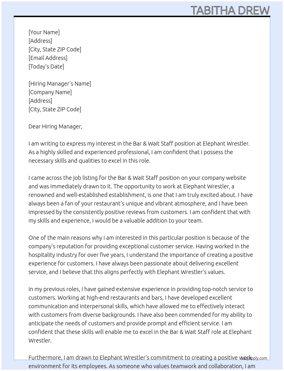 Bar & Wait Staff At Elephant Wrestler Cover Letter