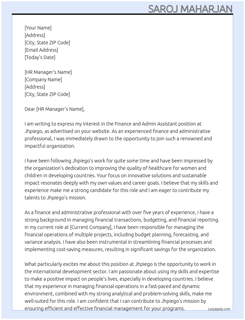 finance and admin assistant At jhpiego Cover Letter