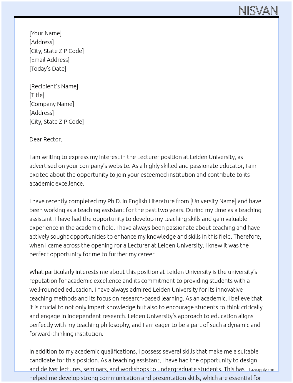 Lecturer At Leiden University Cover Letter