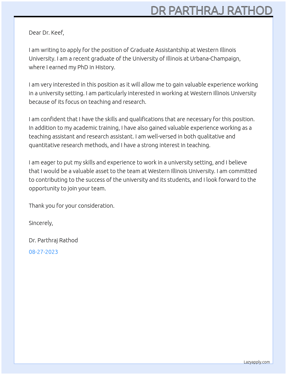 Graduate assistantship At WESTERN ILLINOIS UNIVERSITY  Cover Letter