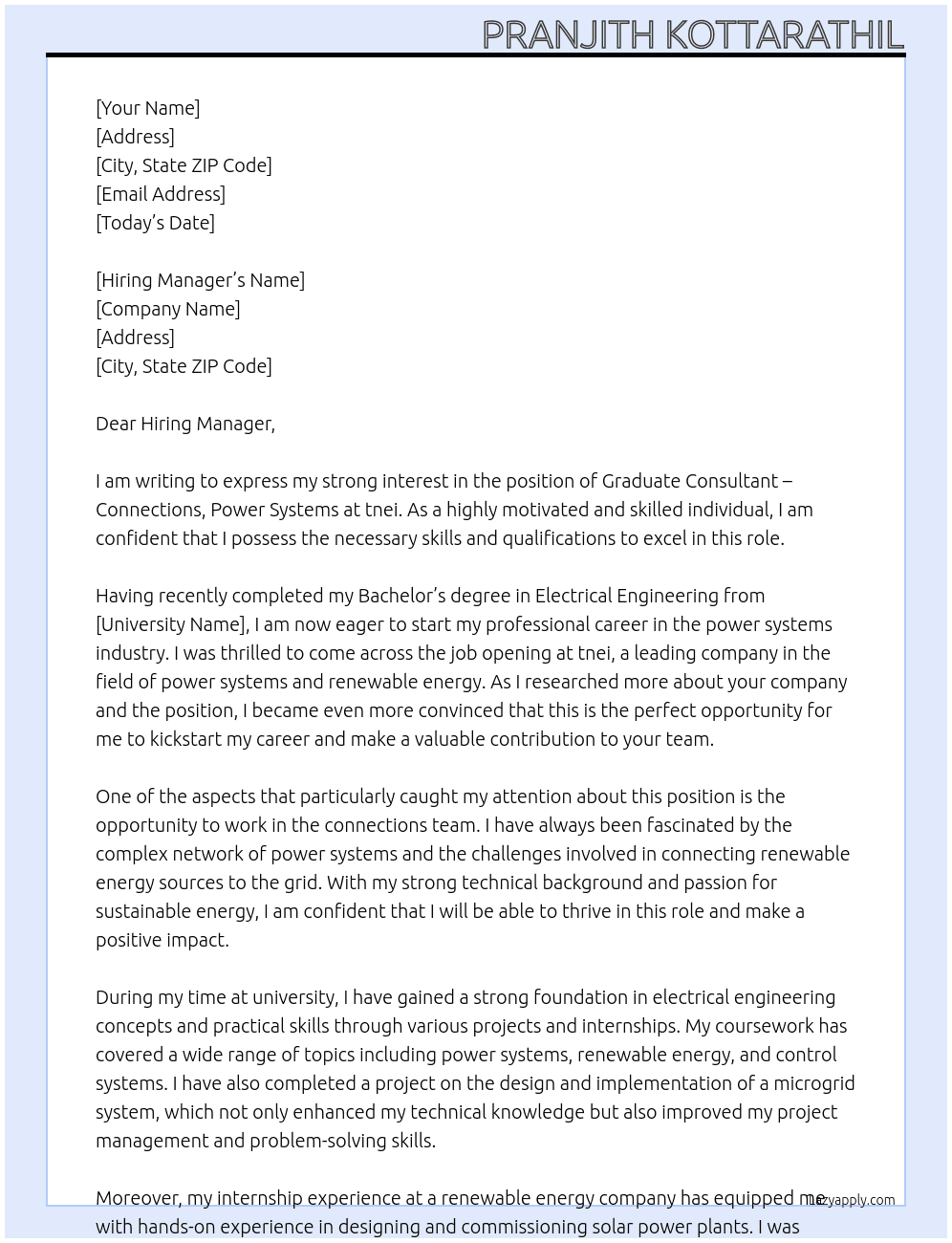 Graduate Consultant – Connections, Power Systems At tnei Cover Letter