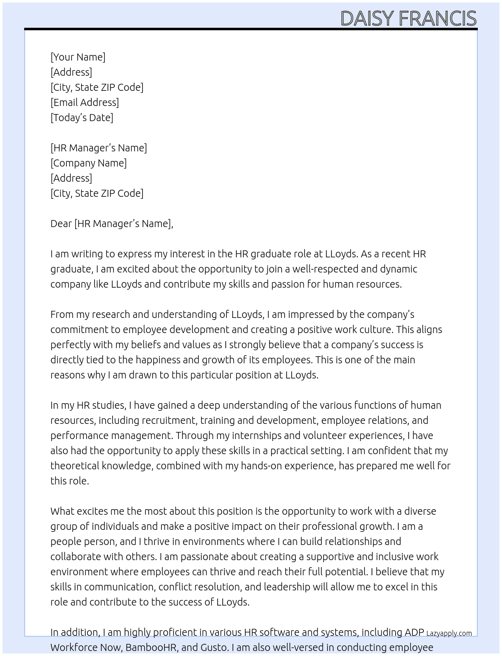 HR graduate role At LLoyds Cover Letter
