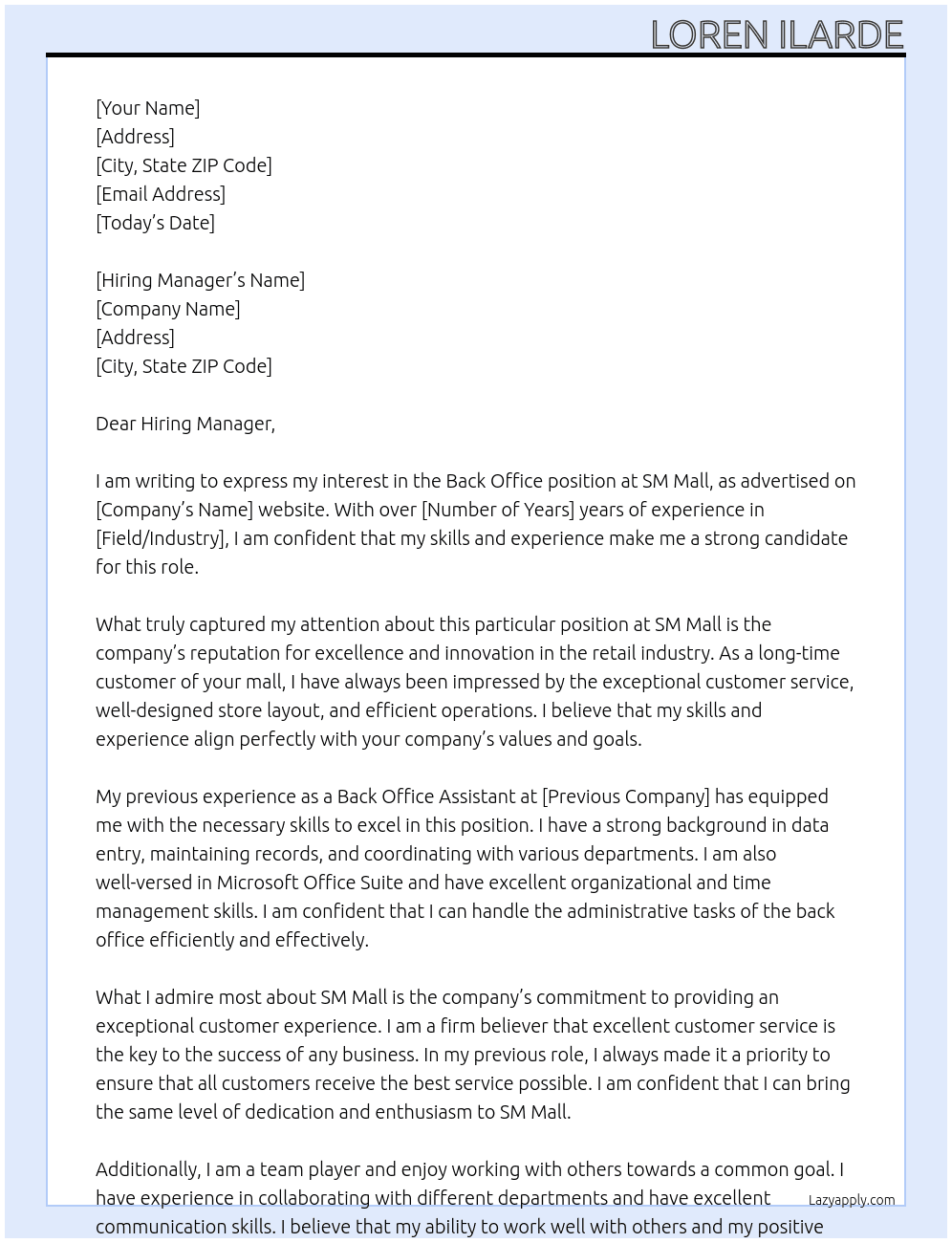 Back office  At SM Mall Cover Letter