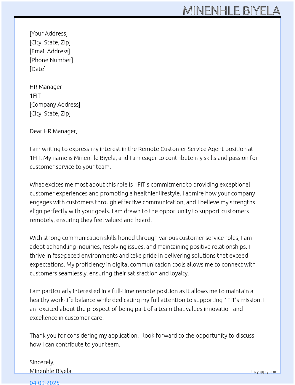 Remote customer service agent  At 1FIT Cover Letter