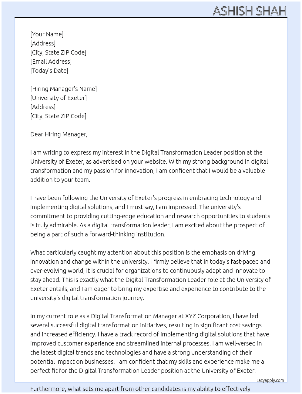 Digital Transformation Leader At University of Exeter Cover Letter