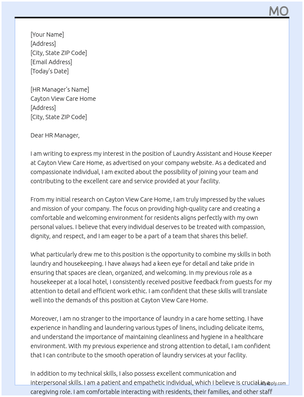 Laundry Assistant and House Keeper At Cayton View Care Home Cover Letter