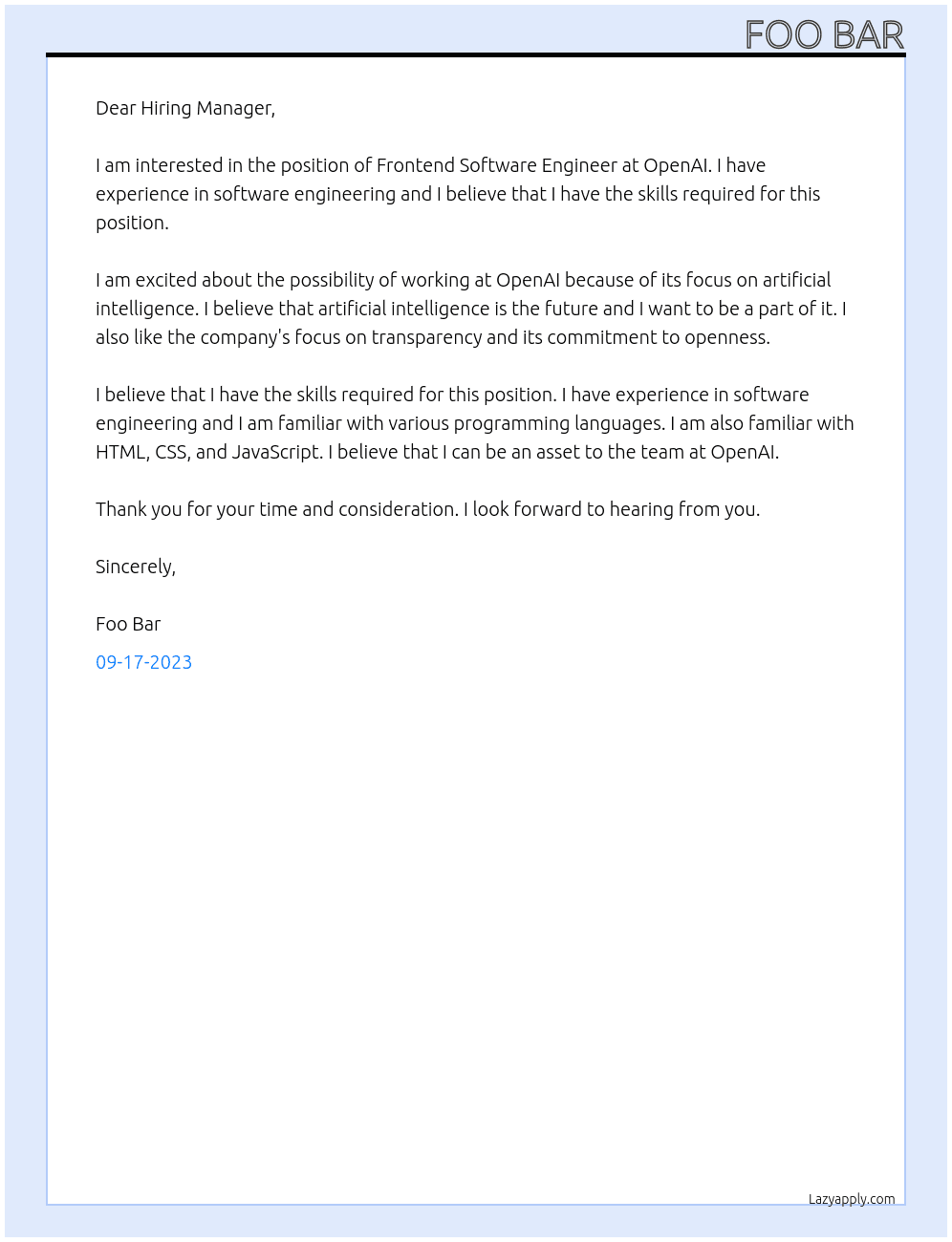 Frontend Software Engineer At OpenAI Cover Letter