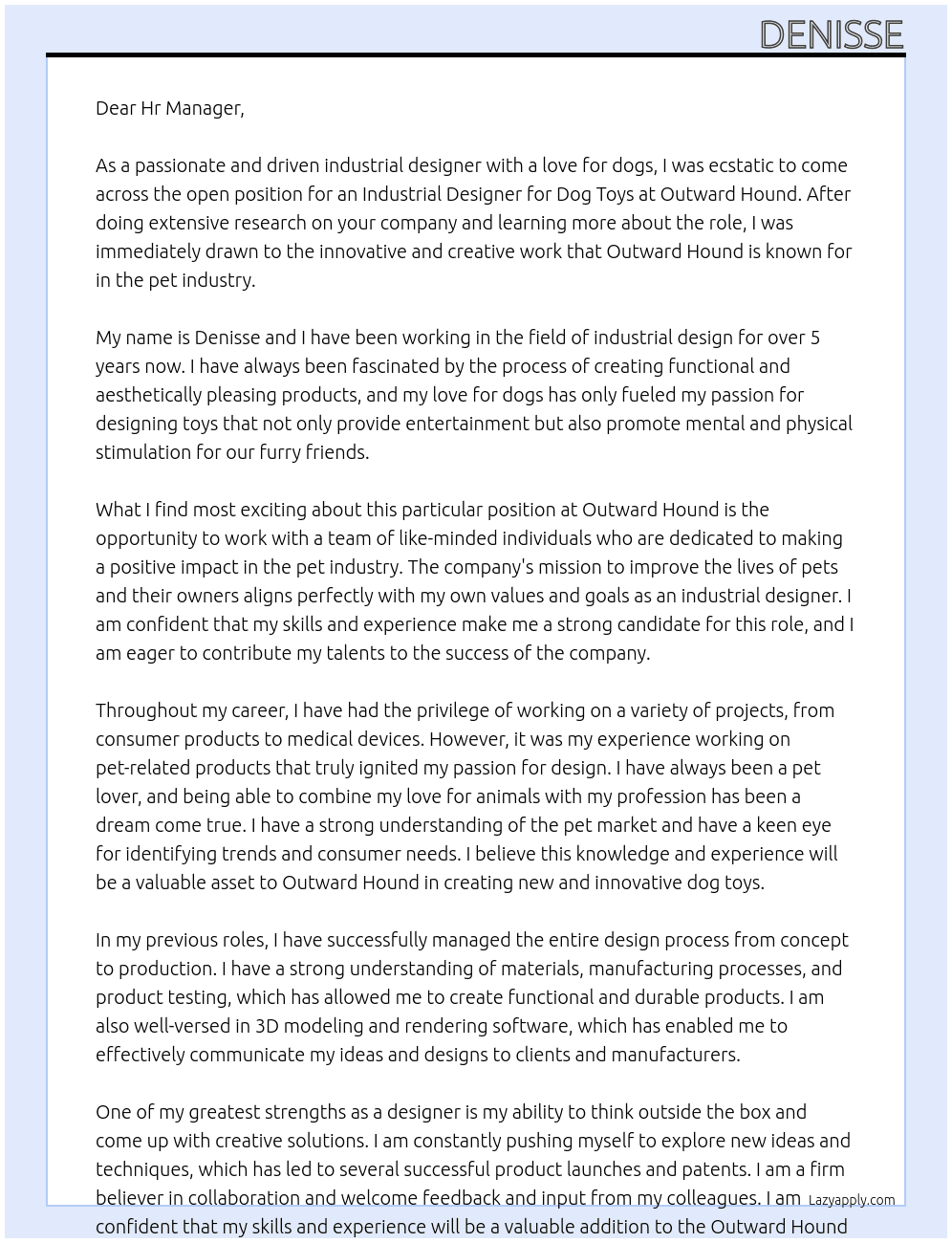 industrial designer for dog toys At Outward Hound Cover Letter