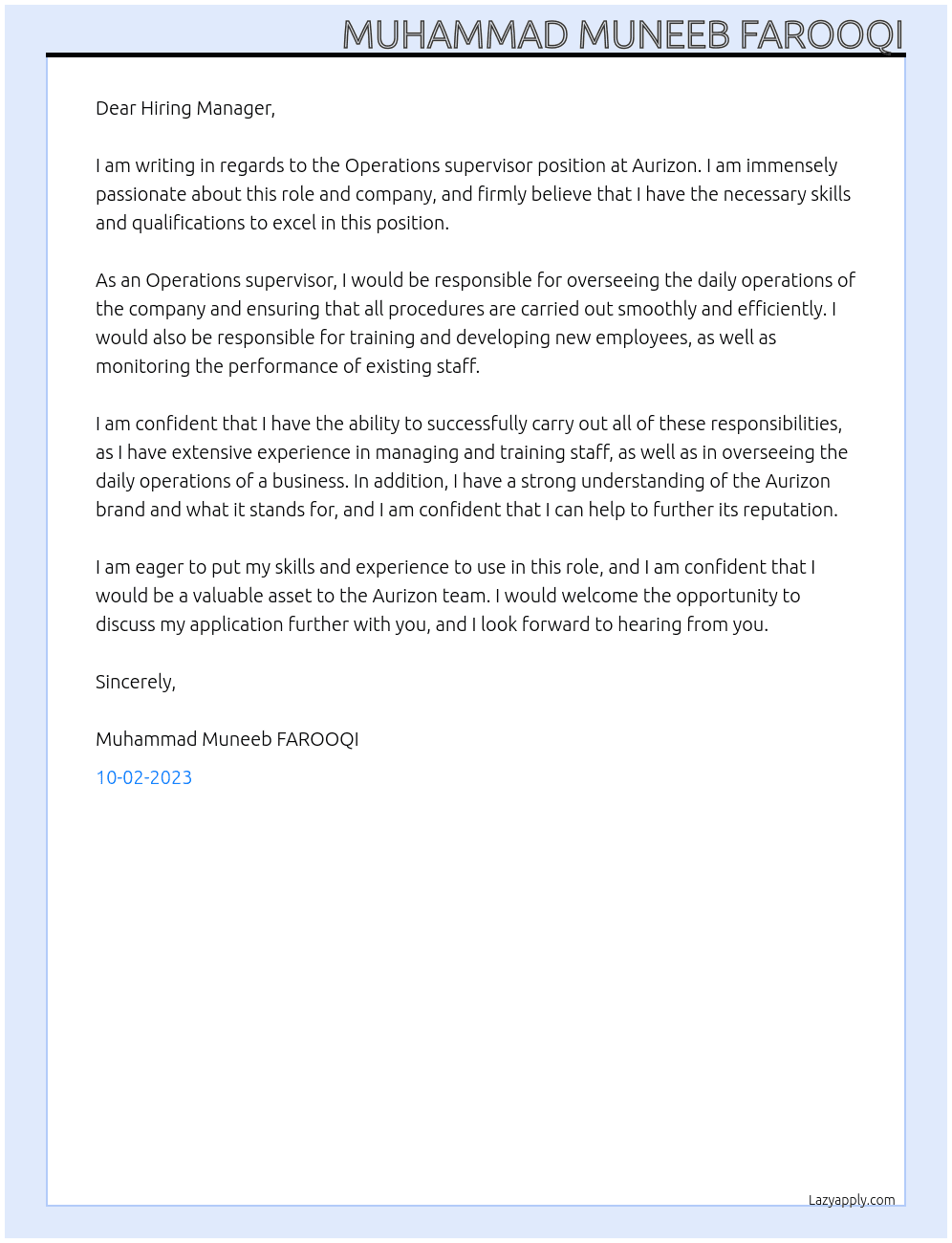Operations supervisor  At Aurizon  Cover Letter