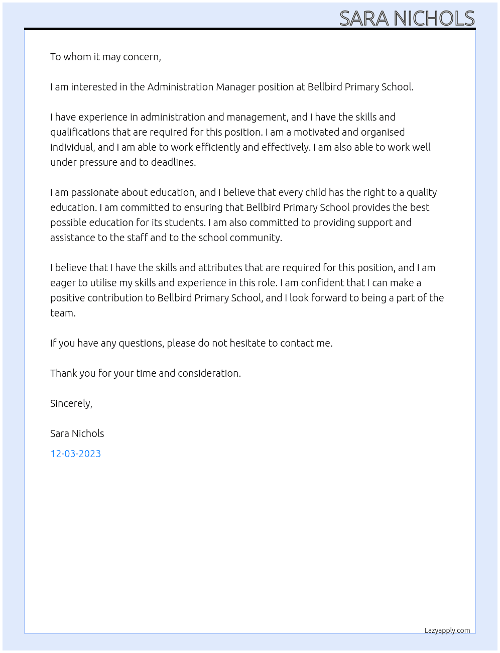 Administration Manager At Bellbird Primary School Cover Letter