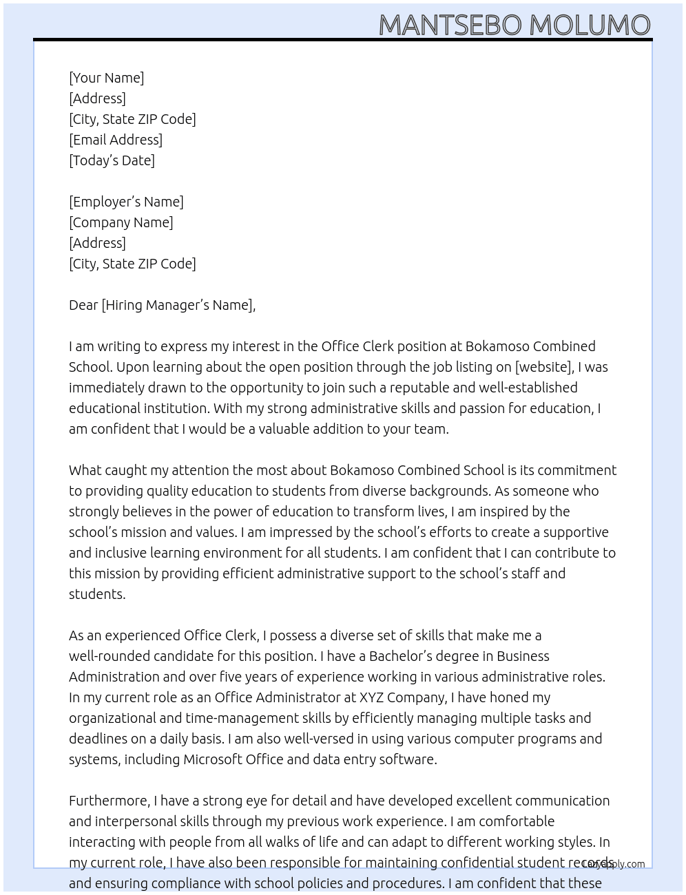 Office Clerk At Bokamoso Combined School Cover Letter