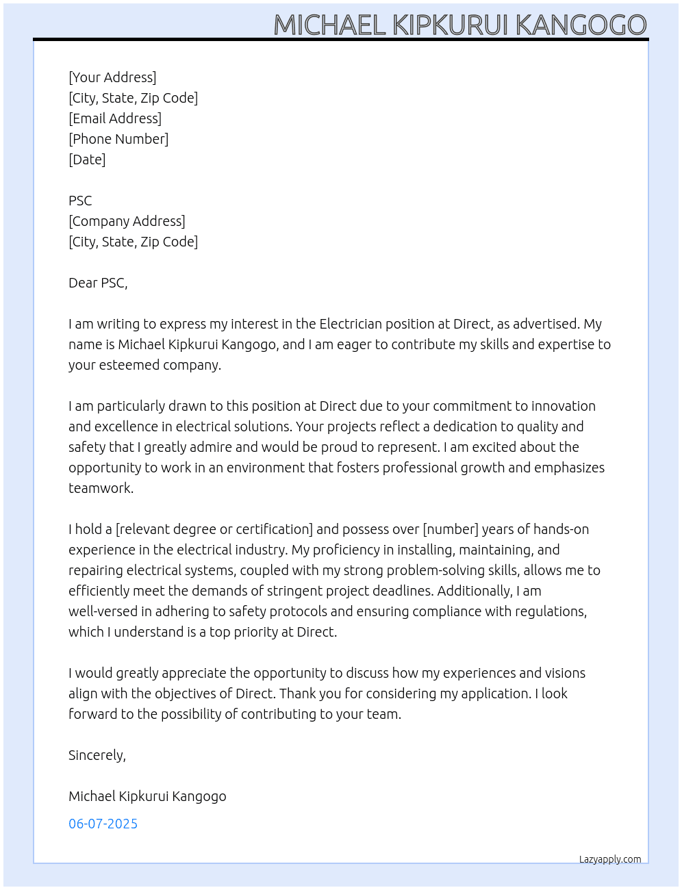 electrician At DIRECT Cover Letter