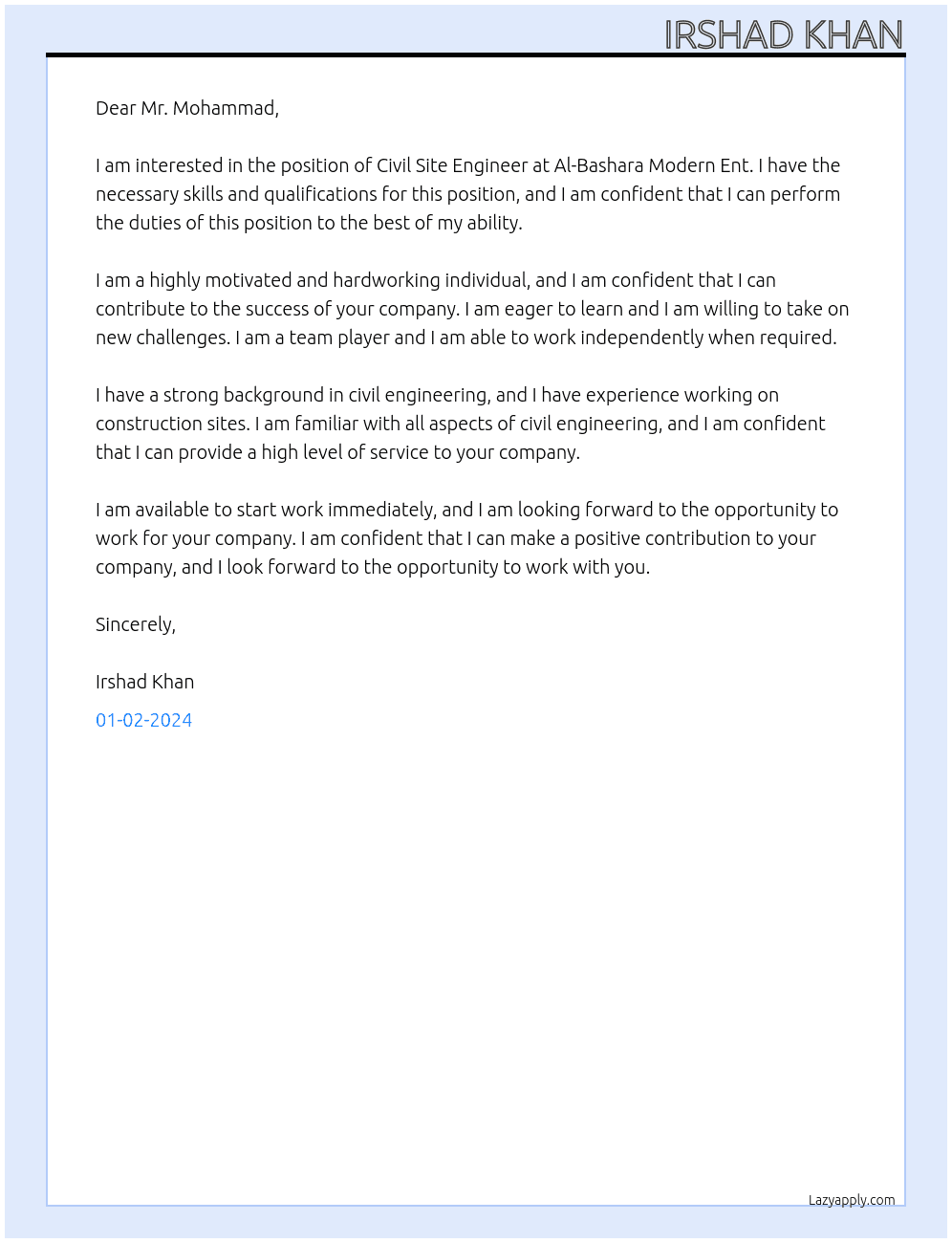 Civil site Engineer At Al-Bashara Modern Ent. Cover Letter