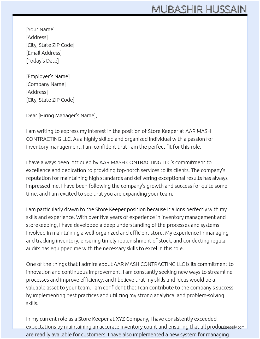 Store keeper At AAR MASH CONTRACTING LLC. Cover Letter