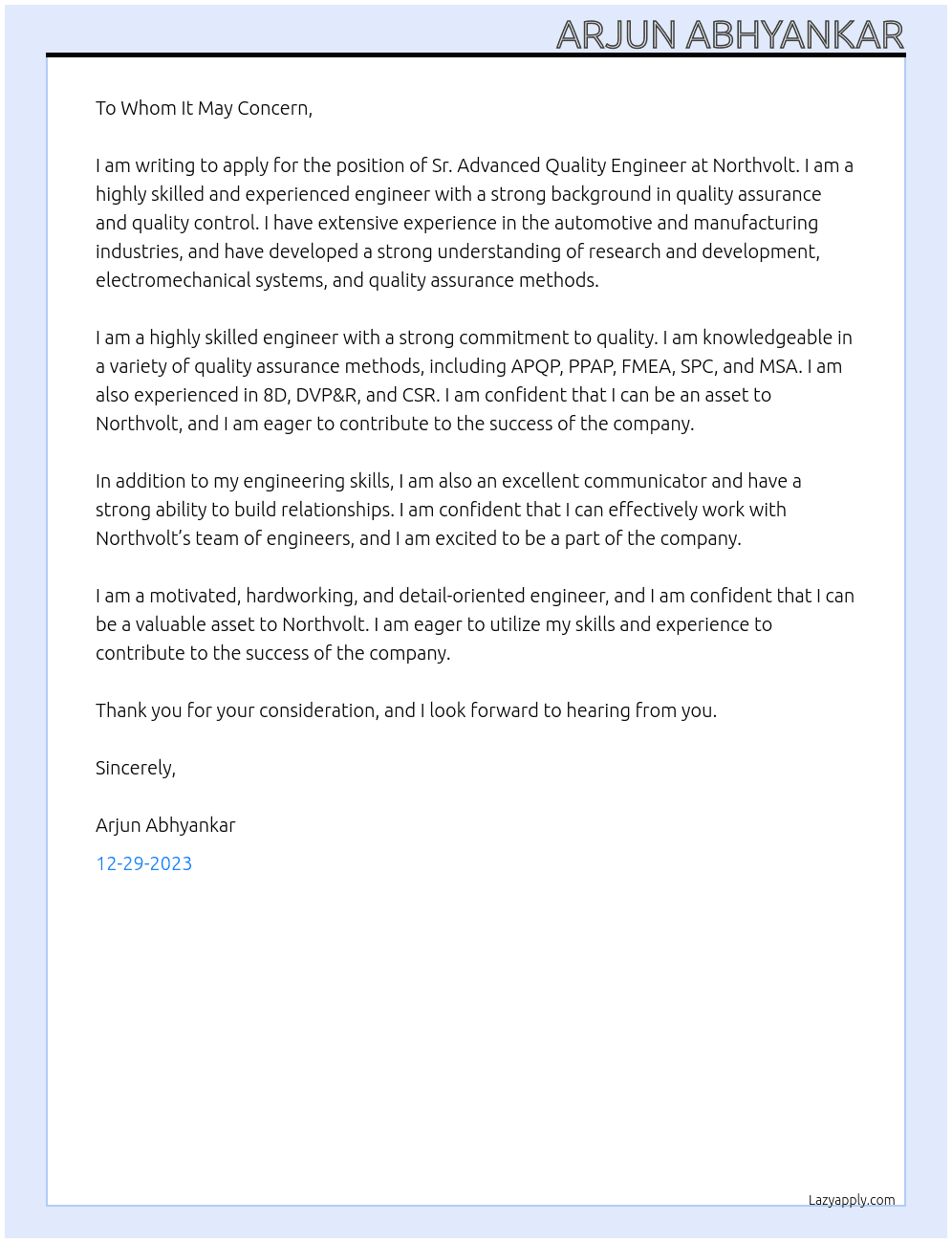 Sr. Advanced Quality Engineer At Northvolt Cover Letter