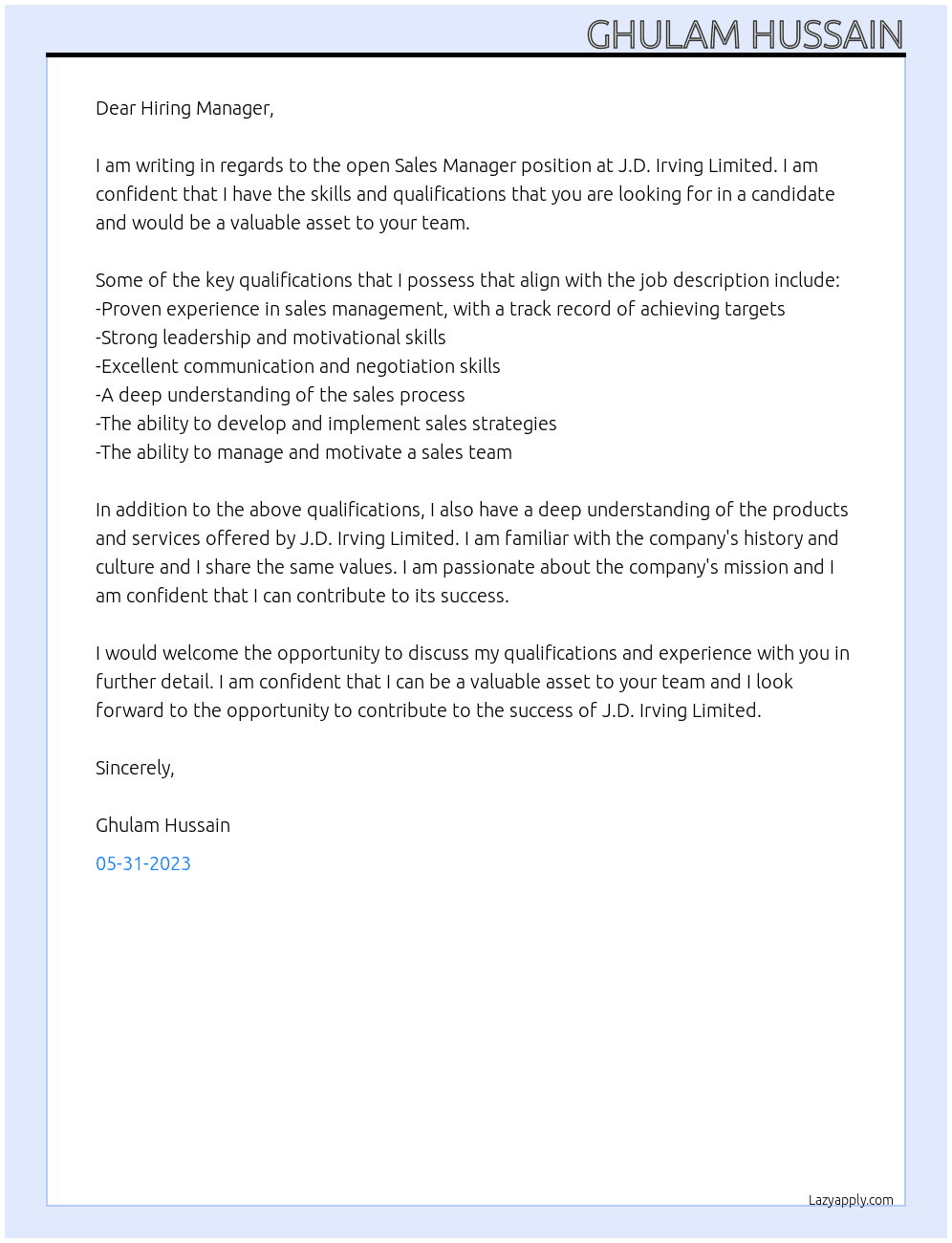 Sales Manager At J.D. Irving Limited Cover Letter
