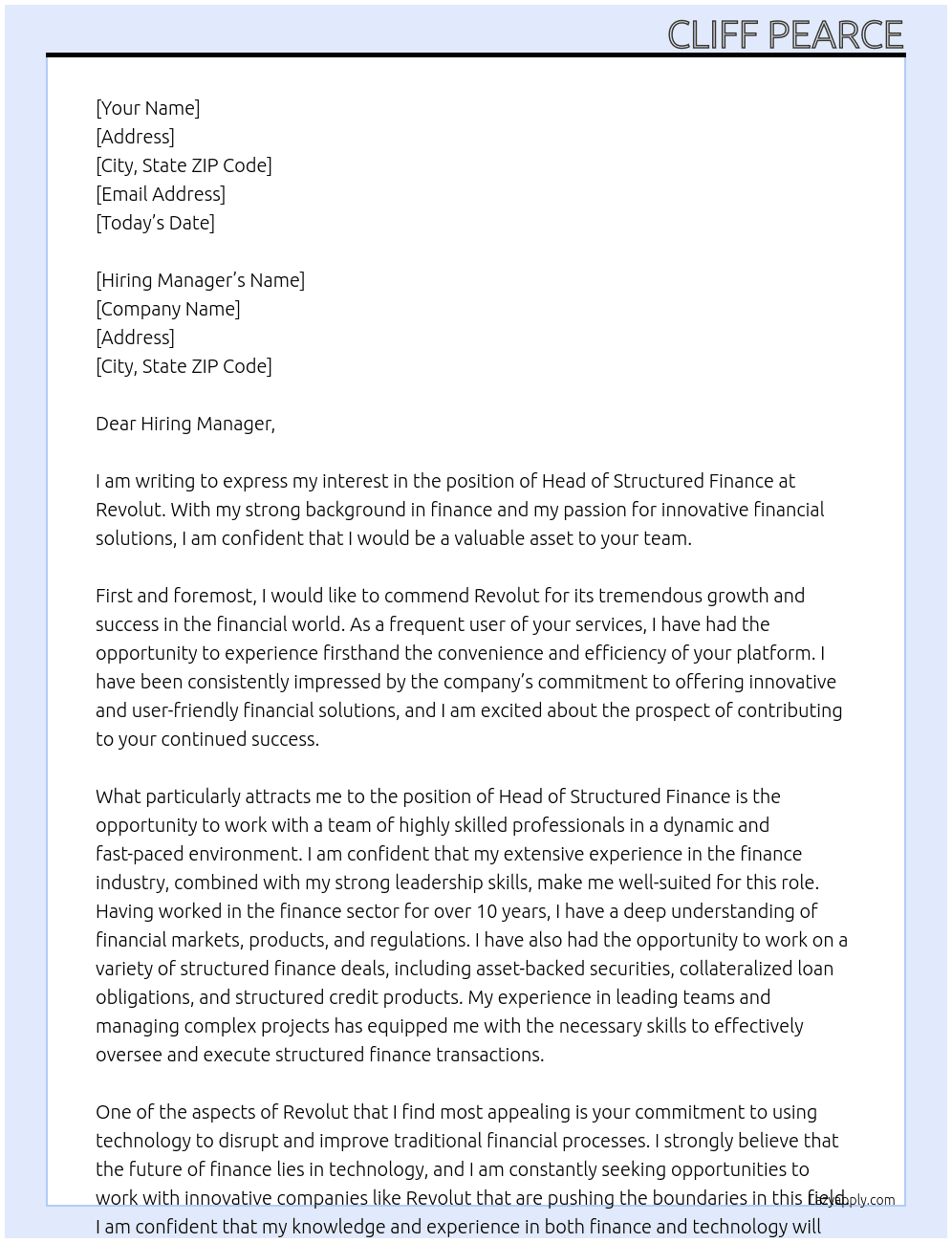 Head of Structured Finance At Revolut Cover Letter