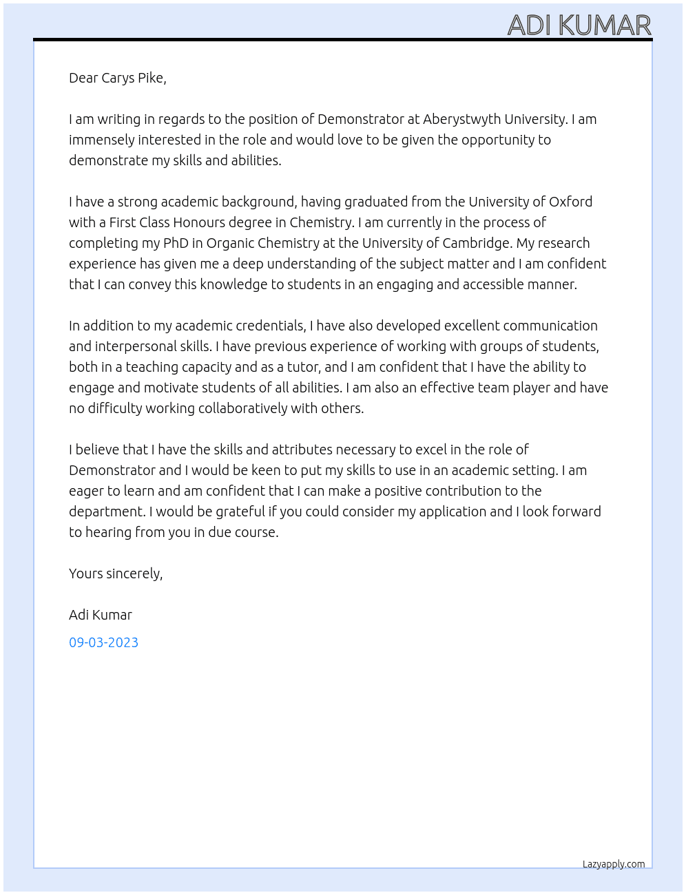 Demonstrator At Aberystwyth Univeristy Cover Letter