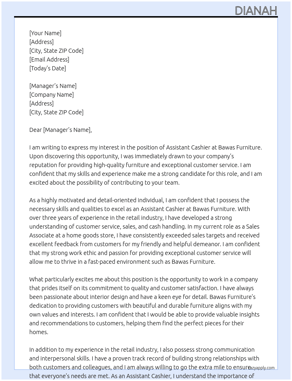 assistant cashier At bawas furniture Cover Letter