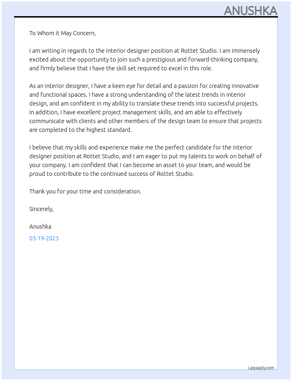 interior designer At rottet studio Cover Letter