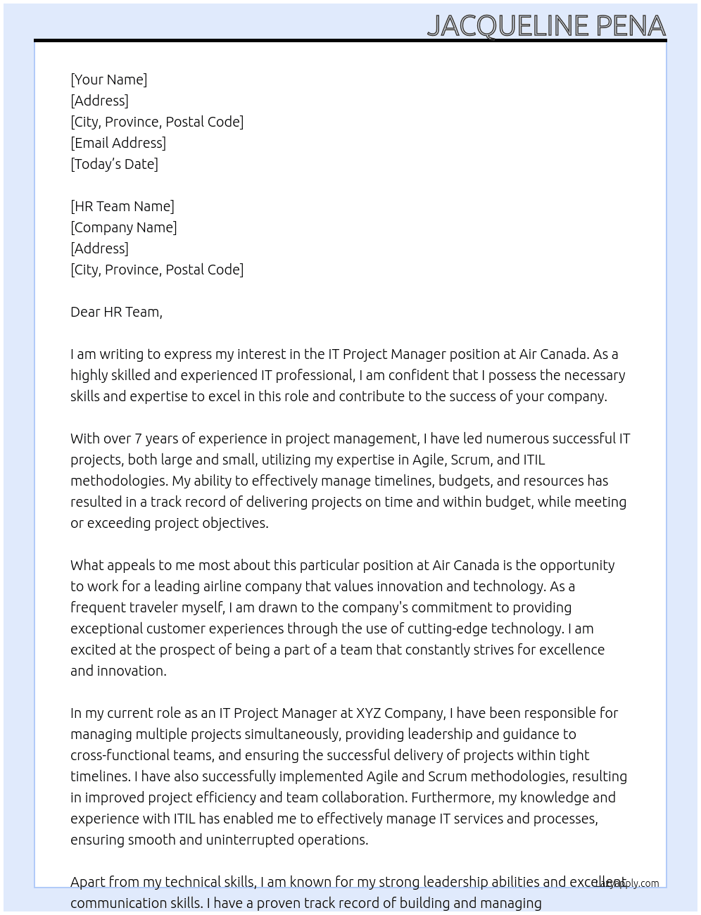 IT Project Manager At Air Canada Cover Letter