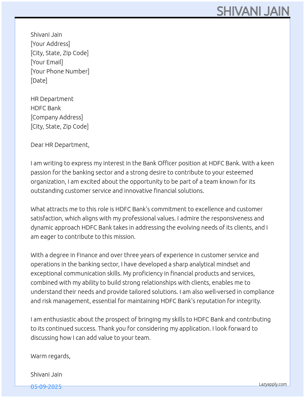 Cover letter for bank officer - LazyApply