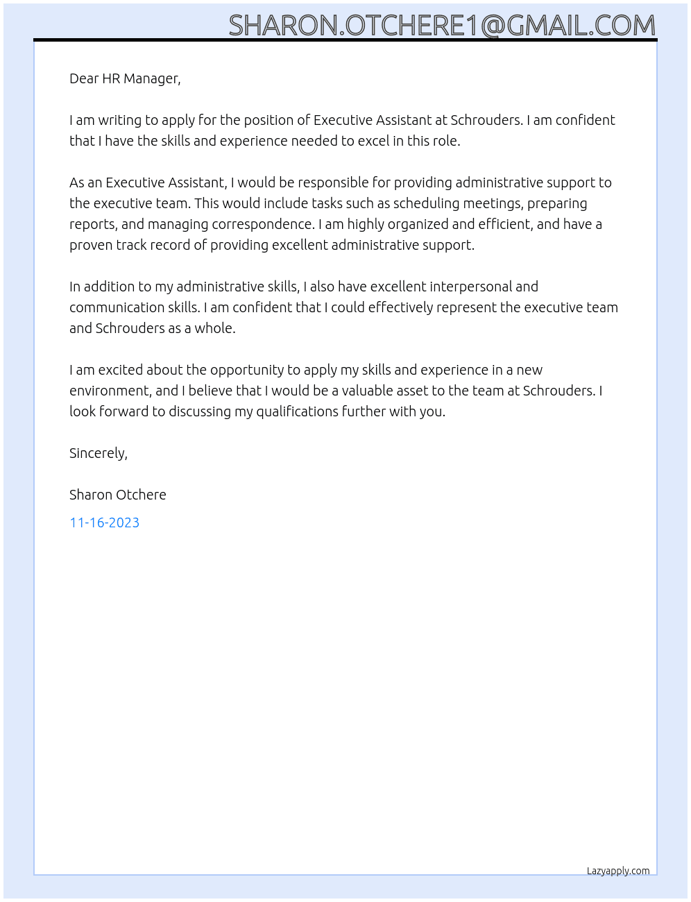Executive Assistant At Schrouders Cover Letter