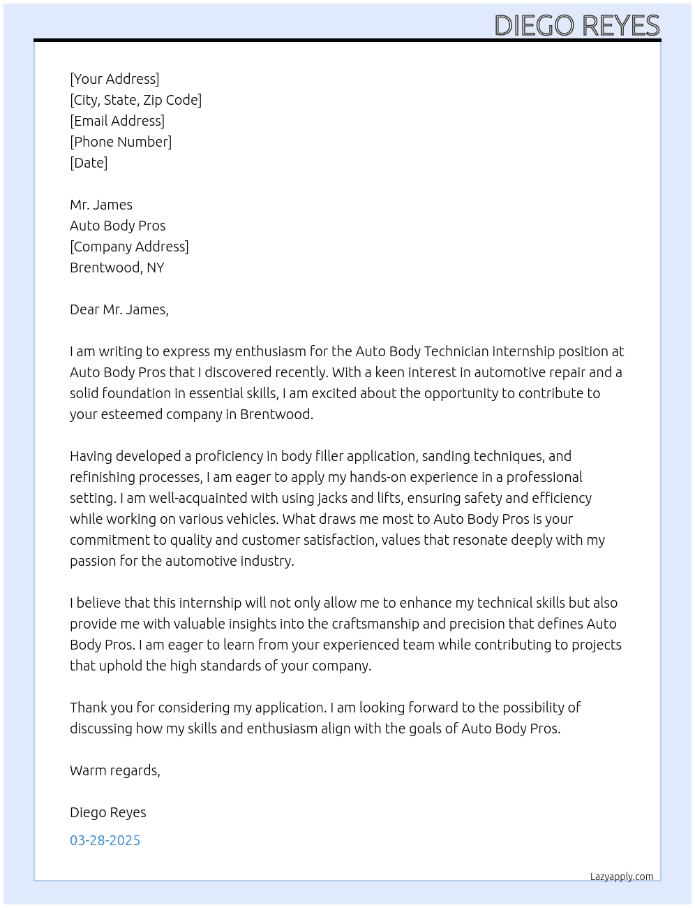 Auto Body Technician At Auto Body Pros Cover Letter