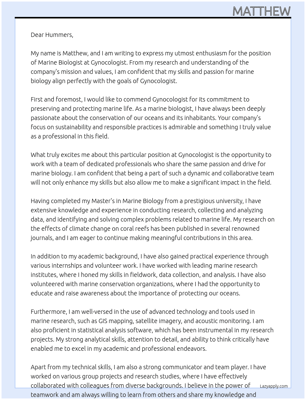 Marine biologist At Gynocologist Cover Letter