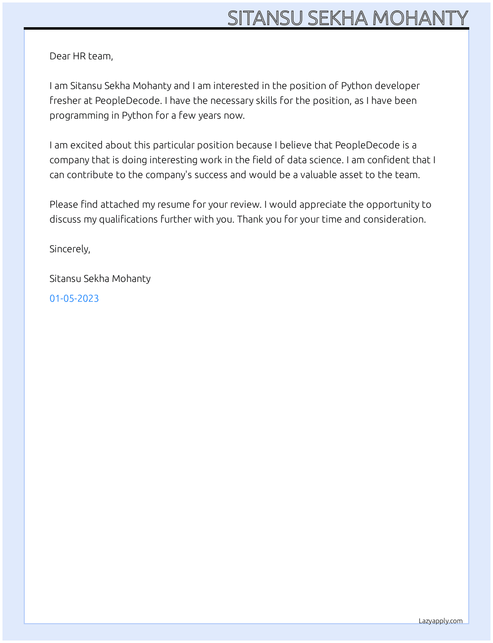 Python developer fresher At PeopleDecode Cover Letter