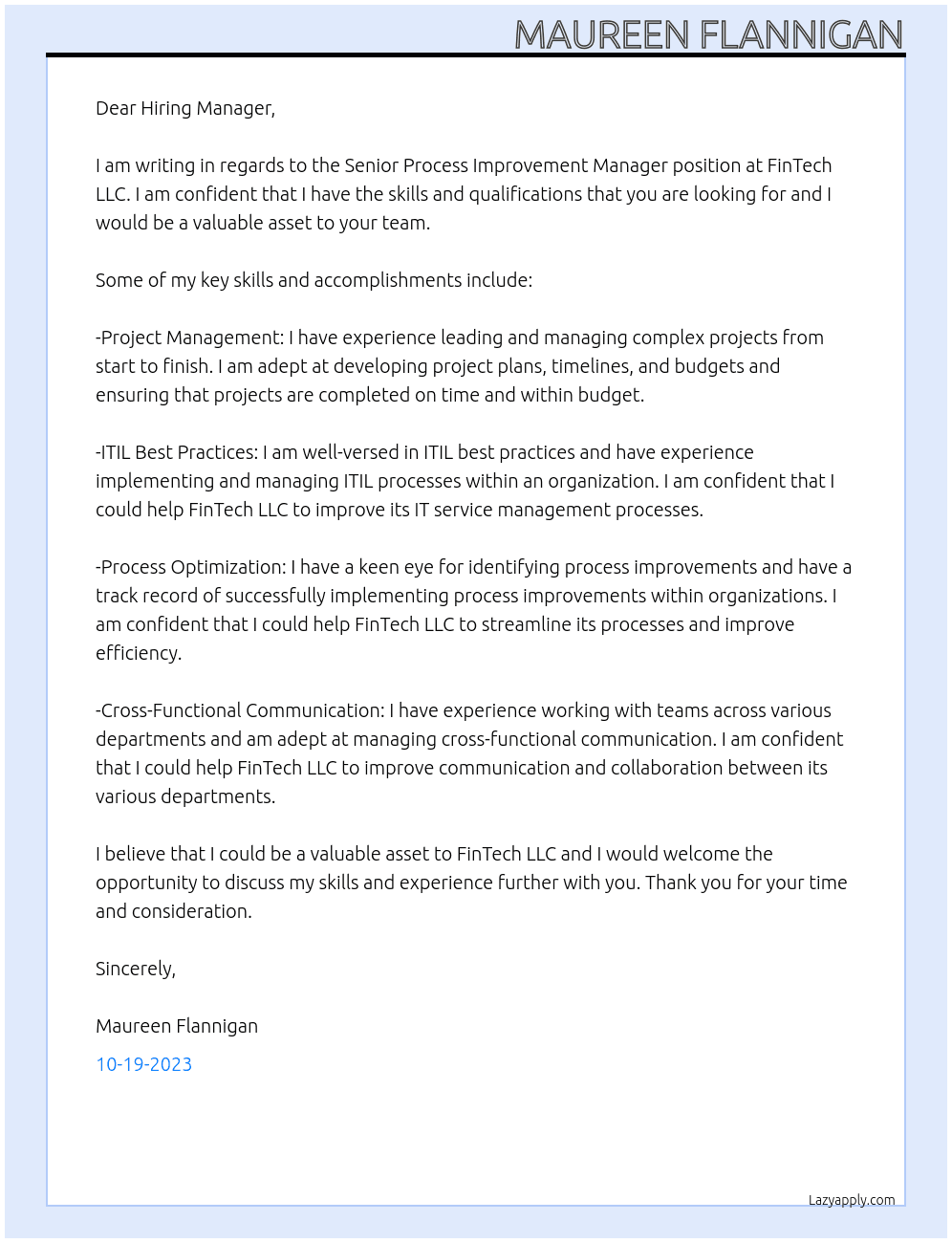 Senior Process Improvement Manager At FinTech LLC Cover Letter