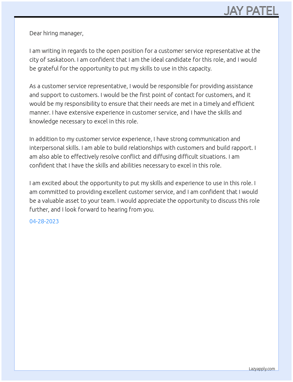 customer service representative At city of saskatoon Cover Letter