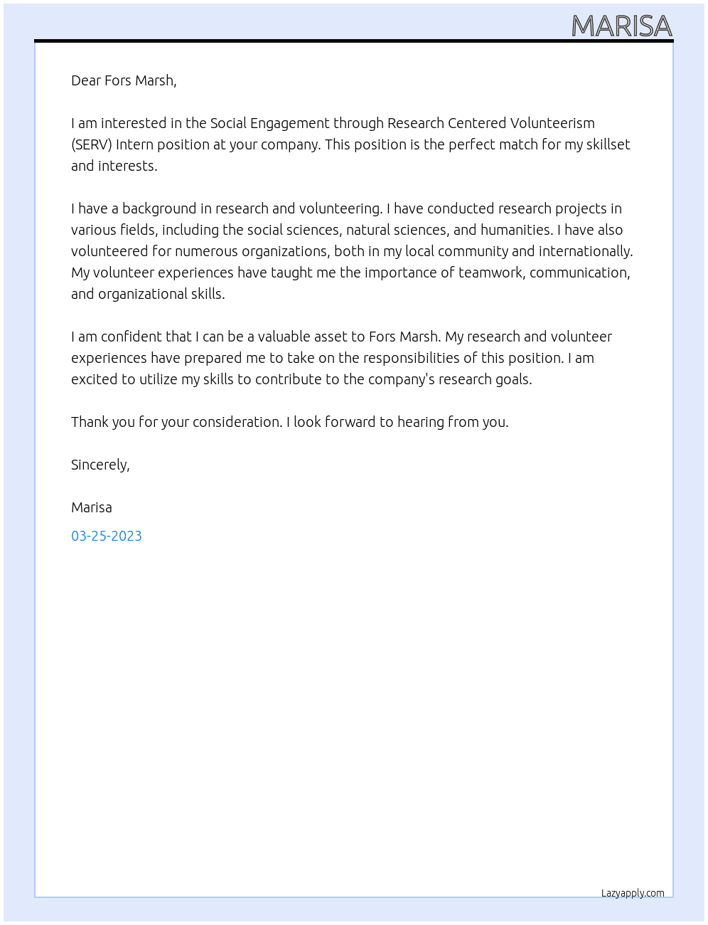 Social Engagement through Research Centered Volunteerism (SERV) Intern At Fors Marsh Cover Letter