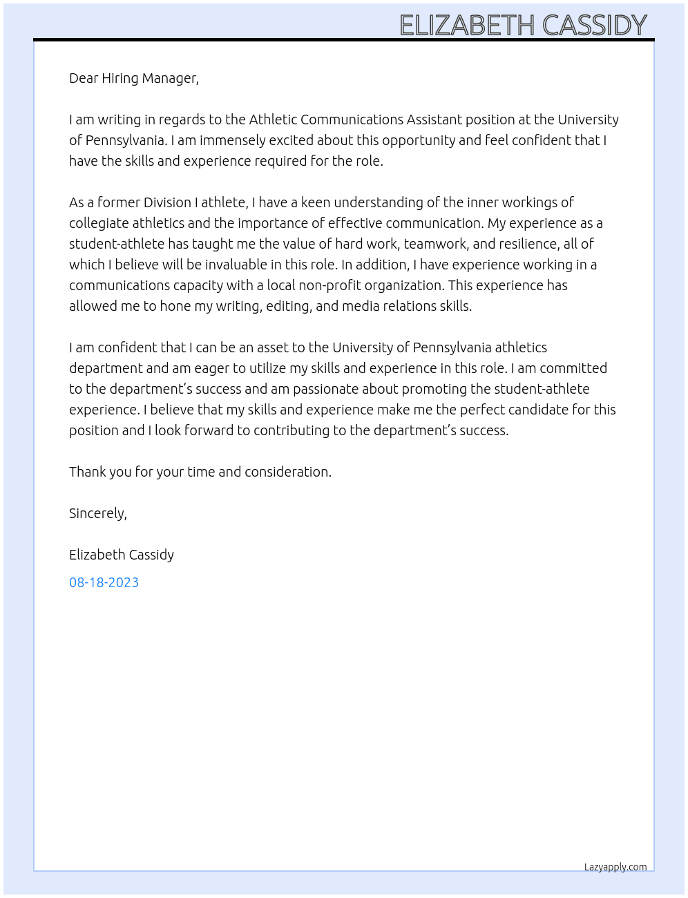 Athletic Communications Assistant  At University of Pennsylvania  Cover Letter