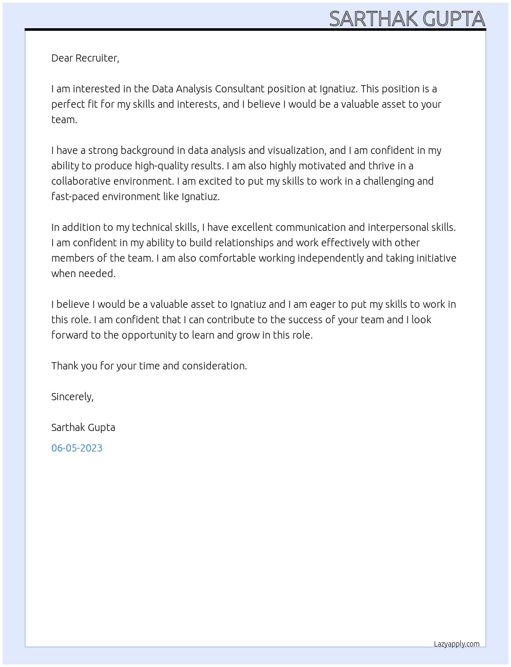 Data Analysis Consultant  At Ignatiuz Cover Letter