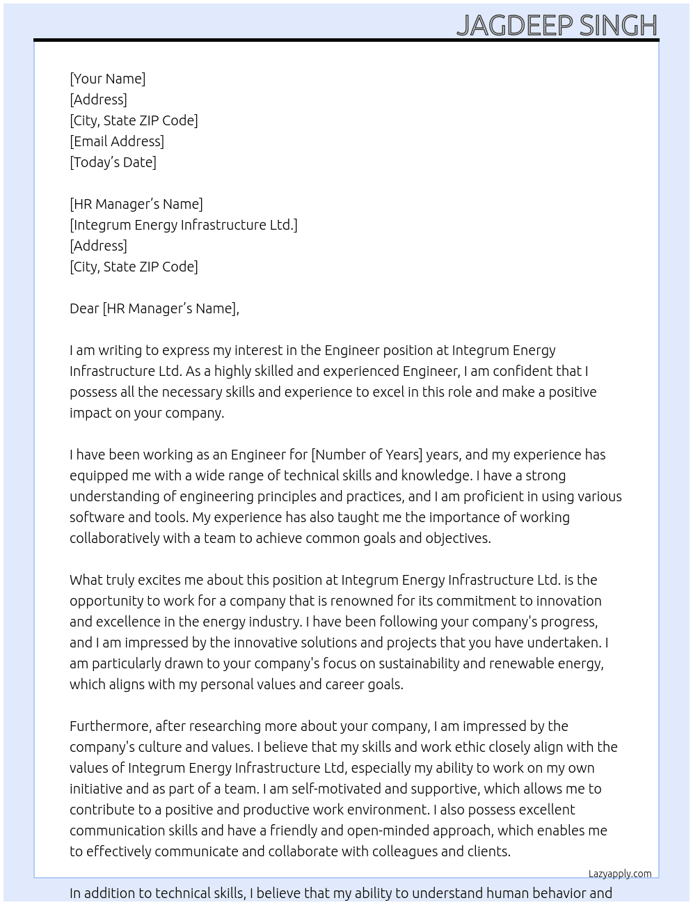 Engineer At Integrum Energy infrastructure Ltd. Cover Letter