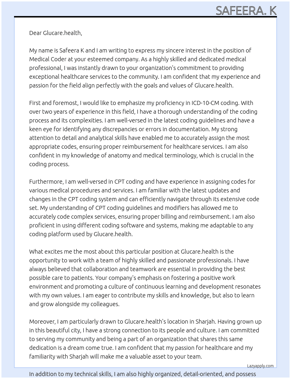 Medical Coder At Glucare.health Cover Letter