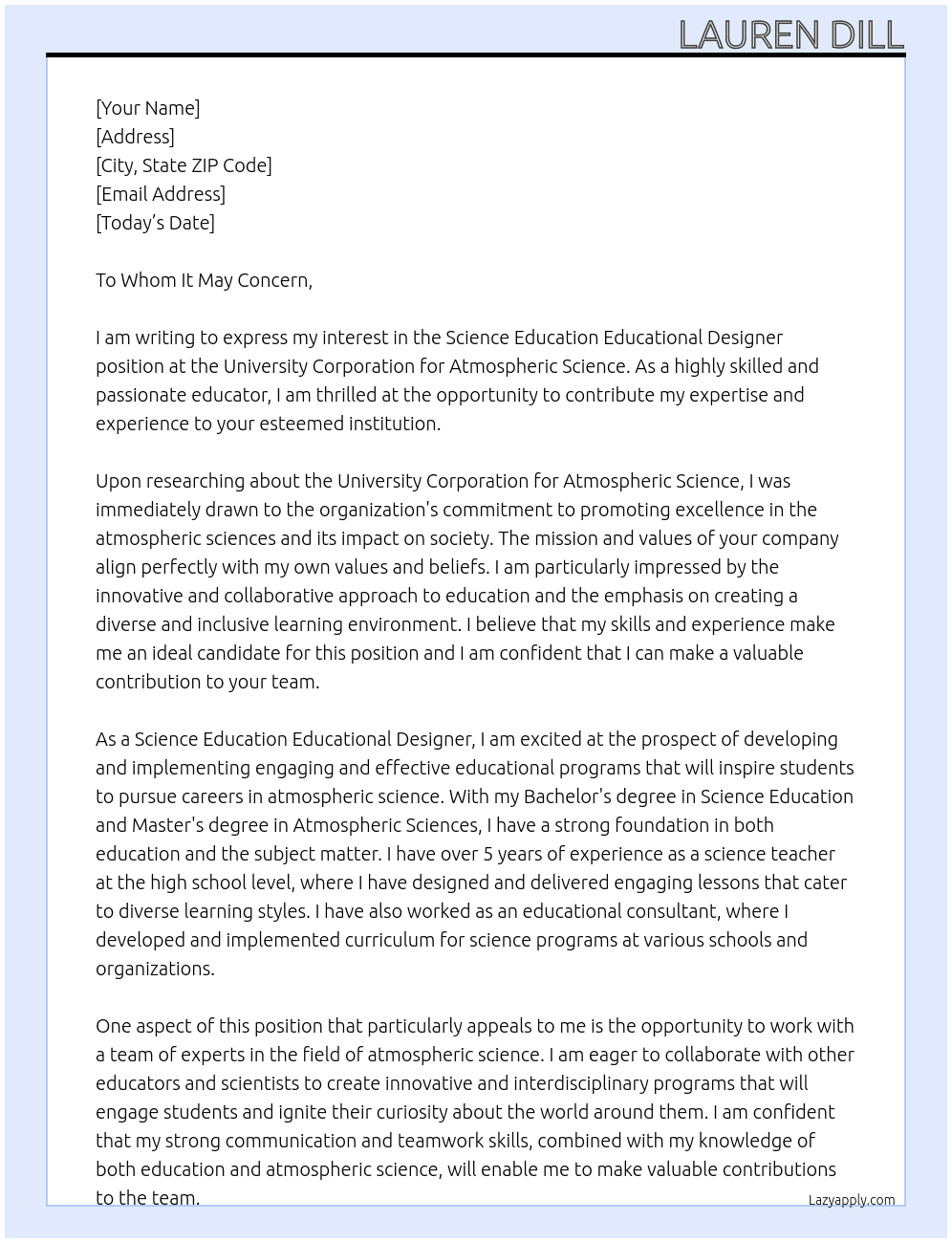Science Education Educational Designer At University Corporation for Atmospheric Science Cover Letter