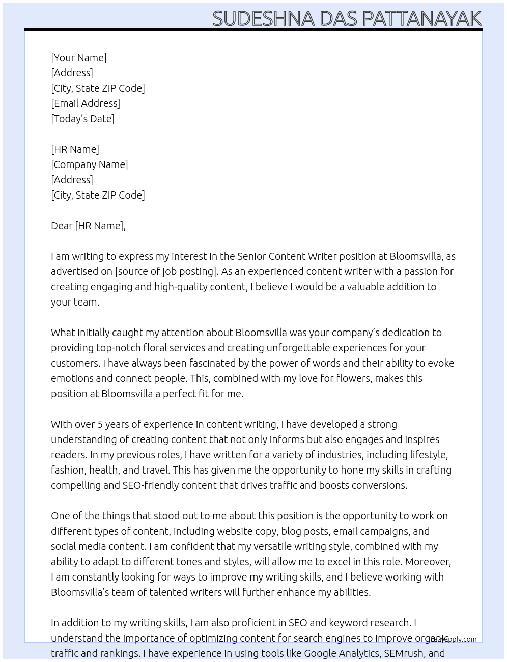senior content writer At Bloomsvilla Cover Letter