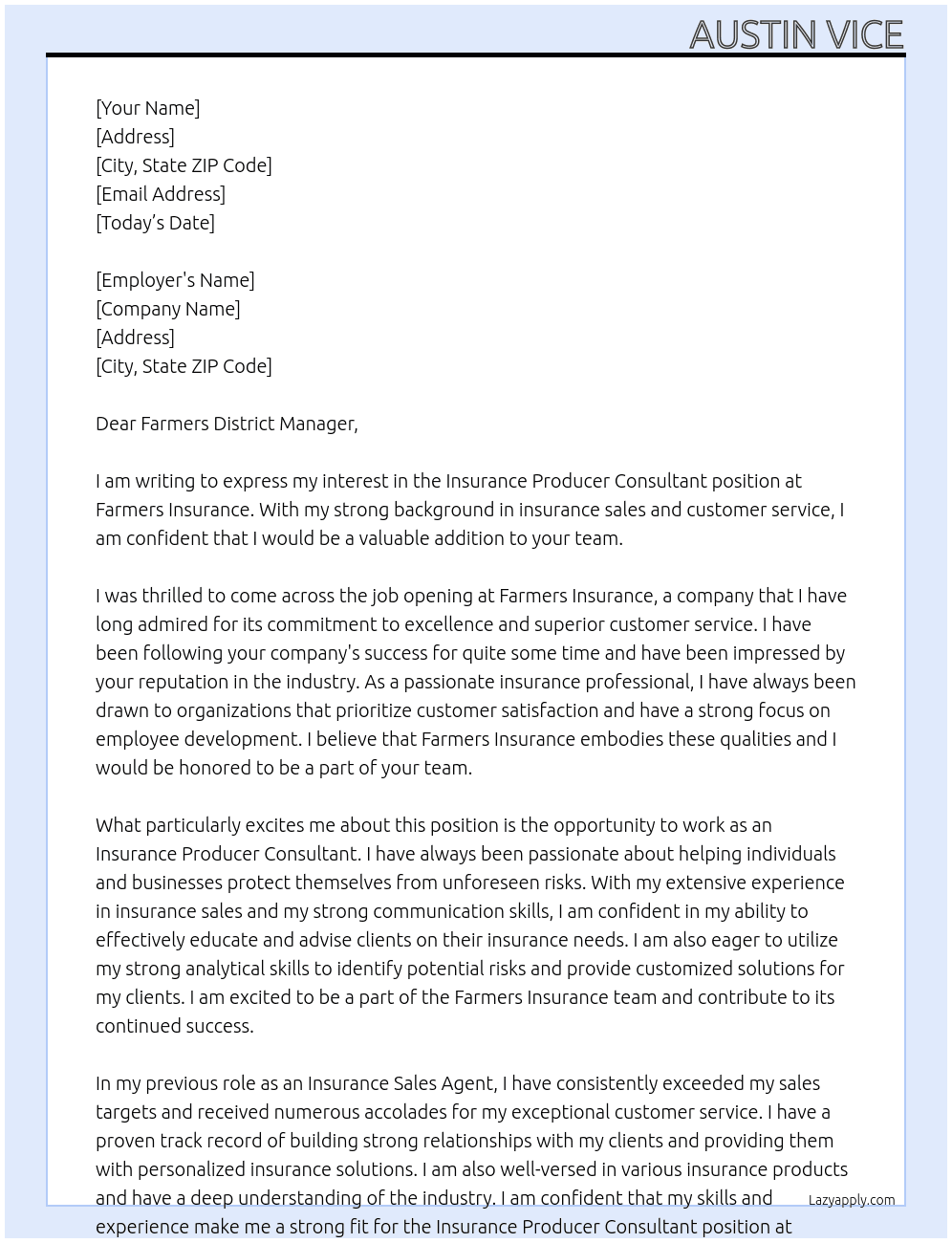 Insurance Producer Consultant At Farmers Insurance Cover Letter