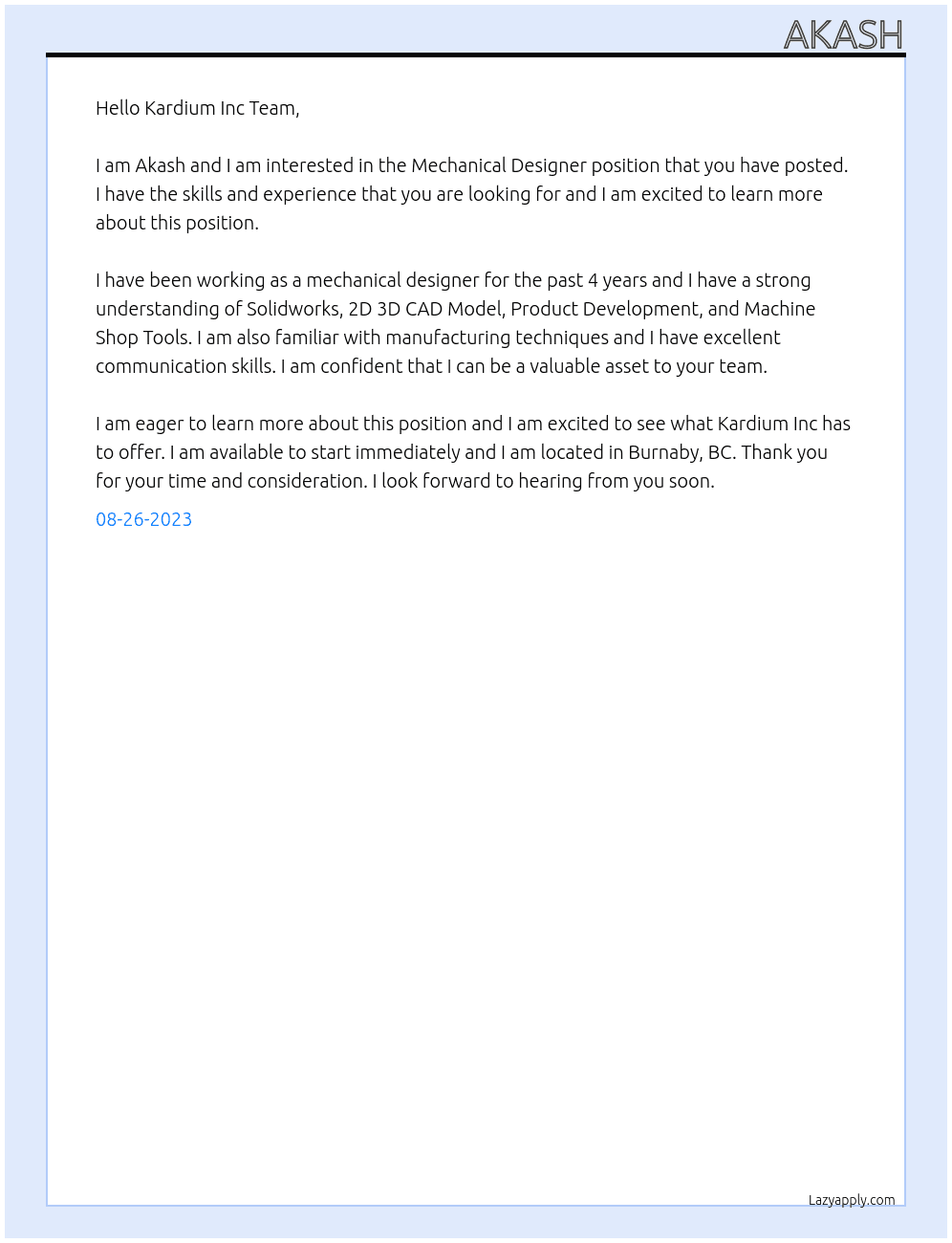 Mechanical Designer At Kardium Inc Cover Letter