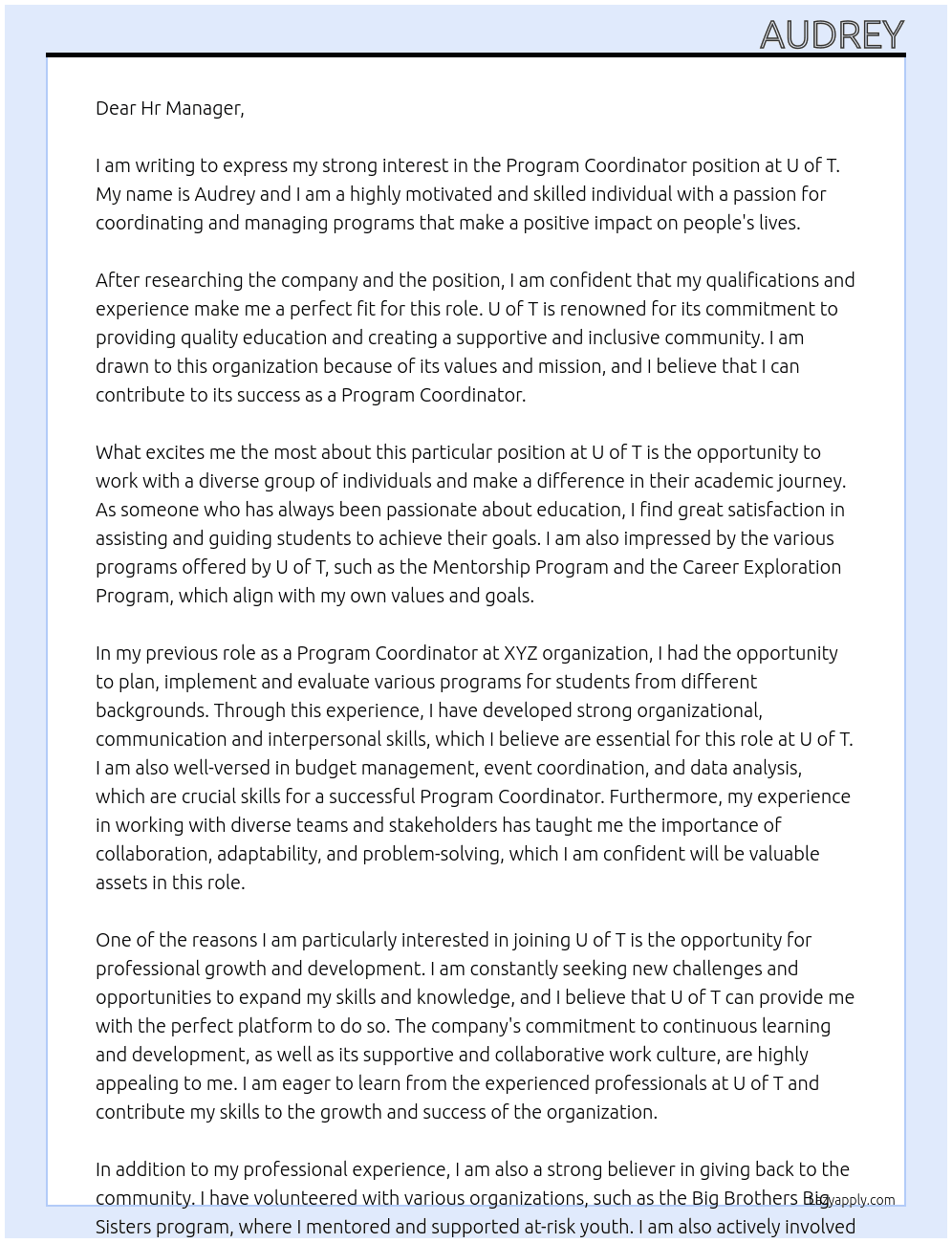 Program Coordinator  At  U of T Cover Letter